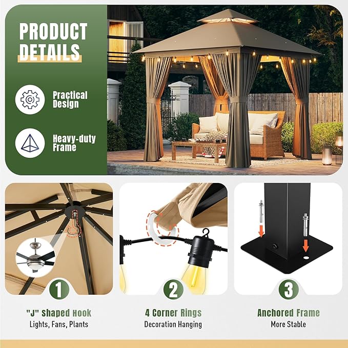 AOXUN Outdoor Gazebo for Patio 8x8, Metal Frame Canopy with Double Roofs, Heavy Duty Party Tent and Shelter with Mosquito Netting and Privacy Screen for Backyard, Lawn, Garden, Deck
