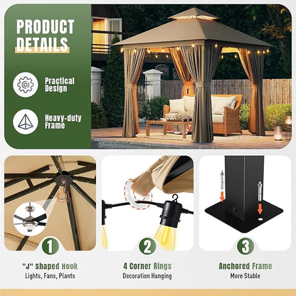 AOXUN Outdoor Gazebo for Patio 8x8, Metal Frame Canopy with Double Roofs, Heavy Duty Party Tent and Shelter with Mosquito Netting and Privacy Screen for Backyard, Lawn, Garden, Deck