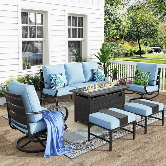 MFSTUDIO 6 Pieces Patio Furniture Sets with 45" Gas Fire Pit Table(Up to 7 Seat),Outdoor Metal Conversation Sofas with 1 x 3-Seat Sofa, 2 Swivel Chairs and 2 Ottoman,Blue Cushion