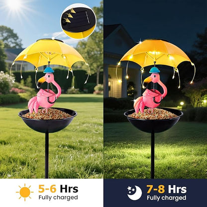 Bird Feeder Solar Garden Decor, Waterproof Flamingo Metal Wildbird Cardinals Hummingbirds Feeders with LED Lights, Gifts for Mom Grandma Bird Lovers Outdoor Path Yard Decoration