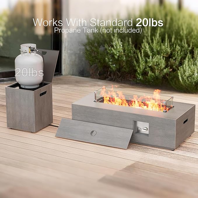 42" Outdoor Fire Pit Table, 50,000 BTU Gas Fire Pit with Glass Wind Guard, Fire Stones, Waterproof Cover, Propane Fire Pit Table for Outside Patio (Brown)