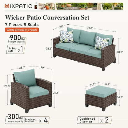 Patio Furniture Set, 7 Pcs Wicker Rattan Outdoor Conversation Set, 4 x Leg Chairs, 1 x 3 Seater Sofa and 2 x Ottoman with 4" Thick Cushion for Garden Backyard Deck, Blue
