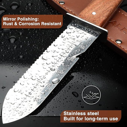 SHALL Hori Hori, Japanese Garden Knife, Soil Knife with Leather Sheath, Rosewood Handle & Hide Rope, 7” Stainless Steel Blade, Rope Cutting Edge, for Digging, Weeding, Planting, Full-Tang