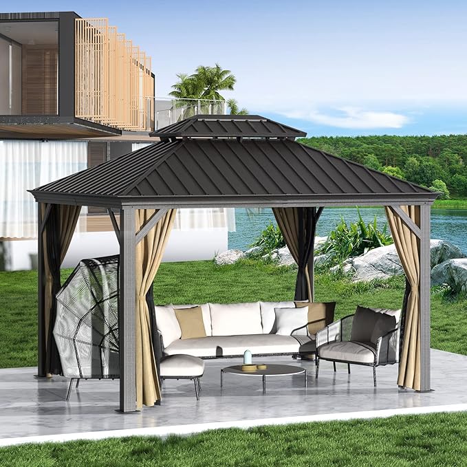 Gazebo 10' x 12' with Mosquito Net and Privacy Sidewalls, Patio Aluminum Permanent Gazebo, All Weatherproof Outdoor Hardtop Metal Gazebos，for Patio, Garden, Parties, Backyard,Lawn.