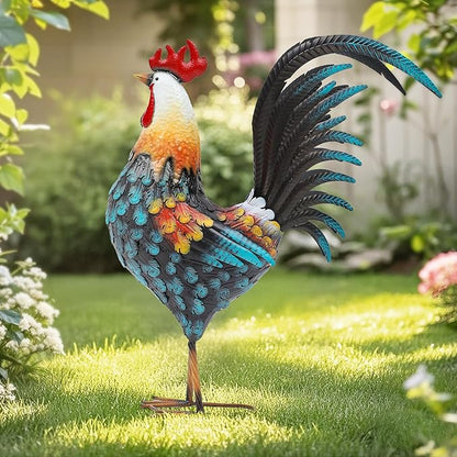 32" Metal Rooster Decor, Outdoor Garden Statues, Metal Chicken Sculpture for Backyard Patio Kitchen Decor