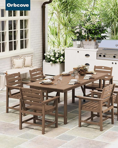 Patio Table and Chairs Set with Umbrella Hole, HDPE Patio Dining Set for 6, Outdoor Dining Set for Lawn, Patio, Porch, Deck, Poolside, Yard (Teak, 7-Piece)