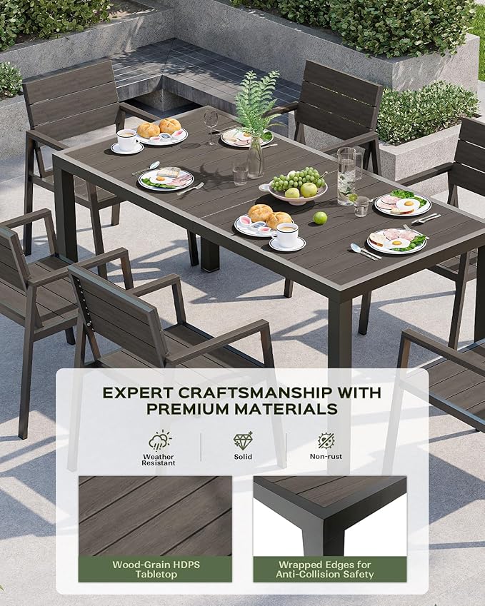 Outdoor Dining Set for 6, Patio Table and Chairs Set, Aluminum Patio Furniture Set with Umbrella Hole, HDPS Patio Dining Table Set for 6 (Charcoal)
