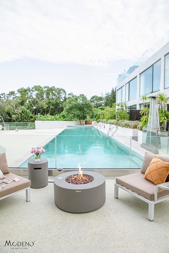 AMS Fireplace | Modeno Tramore Package | Light Gray Liquid Propane Gas Fire Pit Table for Outside Patio Bundle with Tank Cover, Wind Guard, and SS Burner Lid | Free Ice Bucket & Rubber Mat