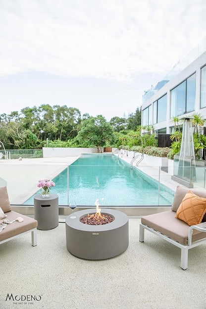 AMS Fireplace | Modeno Tramore Package | Light Gray Liquid Propane Gas Fire Pit Table for Outside Patio Bundle with Tank Cover, Wind Guard, and SS Burner Lid | Free Ice Bucket & Rubber Mat