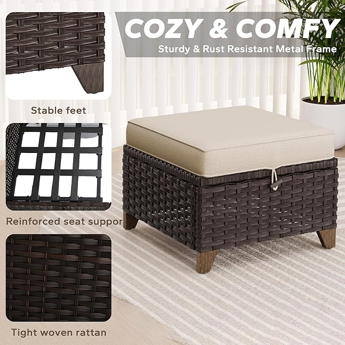 2 Pieces Patio All-Weather Wicker Ottomans with Cushions, PE Rattan Outdoor Conversation Furniture Set for Backyard, Deck, Lawn (Beige)