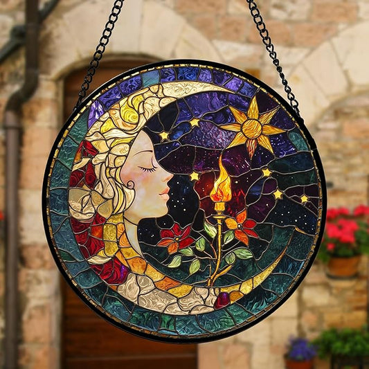 Stained Glass Window Hanging, Moon Goddess Torch Suncatcher Diamond Glass Panel Hangings Dream Sun Catchers Decor for Birthday for Women, Men, Wife, Aunt, and Mom 11.8x11.8 in