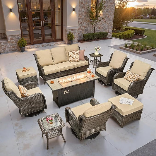 ovios 10 Pieces Patio Furniture Set, Outdoor Wicker Sofa Couch with Swivel Chairs 54" Fire Pit Table, High Back All Weather Modern Conversation Sets, Brown Rattan, Beige