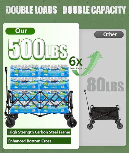 48”L Foldable Wagons Carts Extended, Collapsible Folding Wagon 500lbs Heavy Duty, 320L Large Beach Wagon, Utility Wagon with All Terrain Big Wheels for Sports, Camping, Grocery, Garden, Black