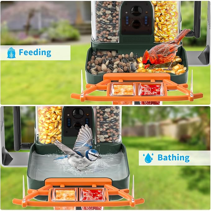 Bird Feeder with Camera and Bath, Dual-Lens 2K HD Video, AI Bird Identification, Solar Powered, Instant Alerts, IP66 Weatherproof - Best Gifts for Bi rd Lovers