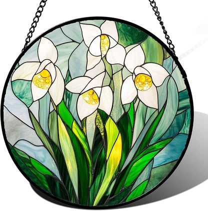 Stained Glass Window Hanging - White Snow Lotus Birth Flower Suncatcher for Doors Garden Patio Sun Catchers Decor Christmas Mother's Day Birthday Gifts for Women Men Mom Nana Friend 15 in