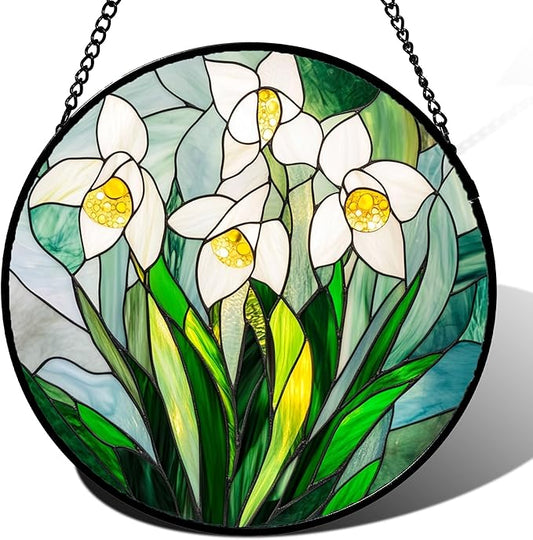 Stained Glass Window Hanging - White Snow Lotus Birth Flower Suncatcher for Doors Garden Patio Sun Catchers Decor Christmas Mother's Day Birthday Gifts for Women Men Mom Nana Friend 15 in