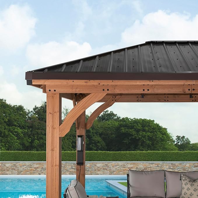 Backyard Discovery Barrington 12' x 10' Cedar Wood Outdoor Gazebo Pavilion with Hardtop Galvanized Steel Hip Roof, Snow Support, Wind Resistance, PowerPort, Shade for Garden, Patio, Deck, Entertaining