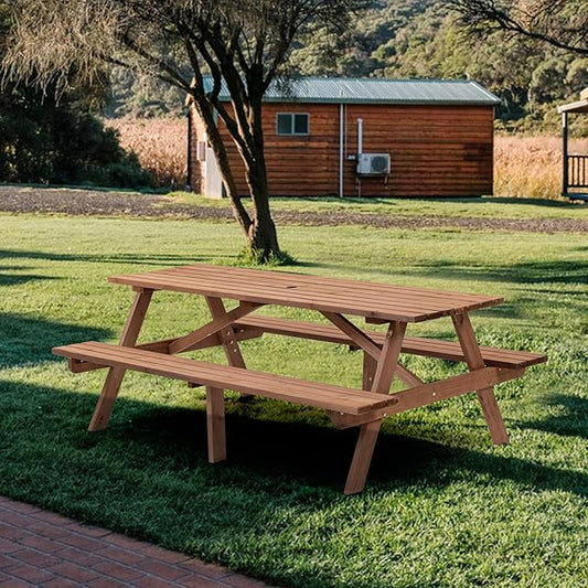 Picnic Table with Bench for 8 Person Outdoor Wooden Rectangle Table for Patio Garden Backyard Large Outside Dining Table Set with Umbrella Hole 6.26FT Brown