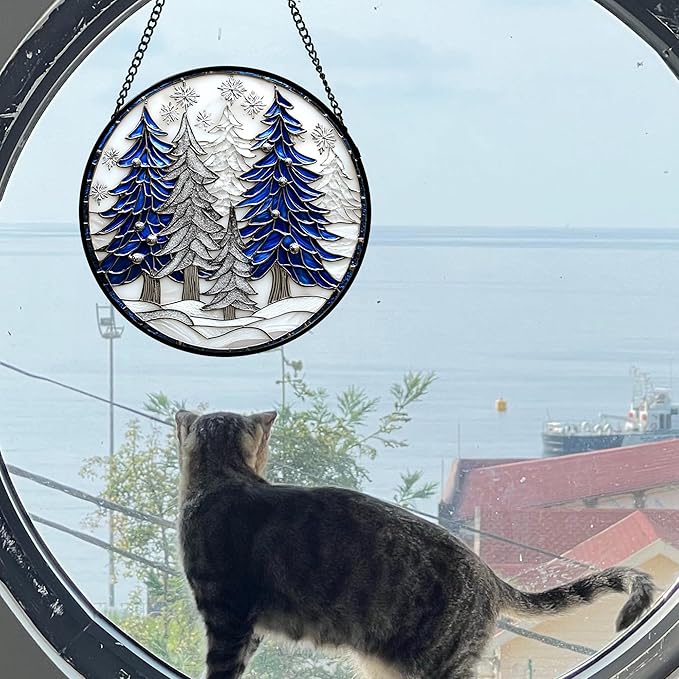 Stained Glass Window Hanging 4 Pcs Set White Winter Christmas Snow Scene Large 11.8" - Suncatcher Door Garden Sun Catcher Decor Birthday for Mom Woman Nana Men Friend Wife