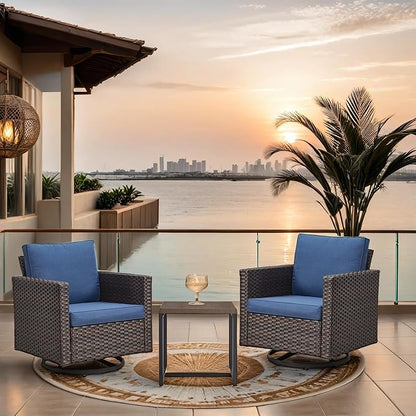 Outdoor Swivel Rocker Patio Chairs ： Swivel Patio Chairs Set of 3 Patio Swivel Chairs Patio Swivel Rocker Chair with Wide Wicker Armrests, Brown / Blue