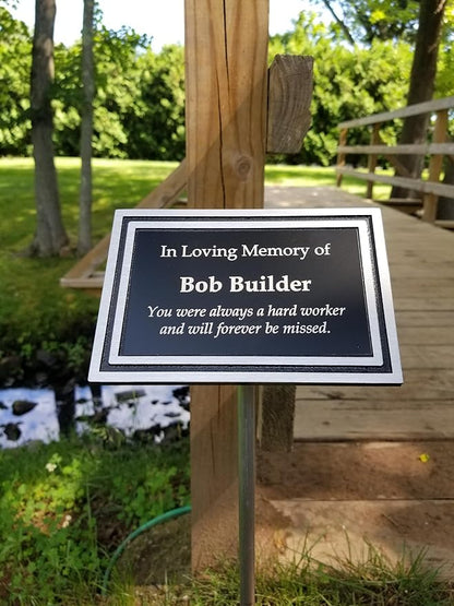 Outdoor Memorial Plaque with Stake – Cast Aluminum in Black and Silver with Custom Engraving, Weather-Resistant Dedication Sign for Garden, Cemetery, Bench, Grave Marker & Pet Memorials