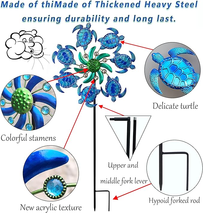 39" Sea Turtle Wind Spinners Metal Garden Stake-Outdoor Ocean Theme Wind Spinners - Metal Stake Yard Spinners-Wind Sculpture Yard Art Decorations for Patio,Lawn & Garden Decor-Blue