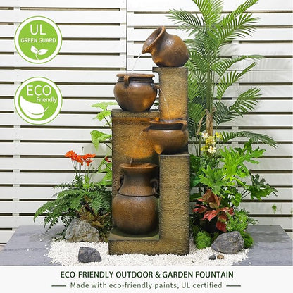 Water Fountain Outdoor Fountain with Lights - 53 Inches 4 Tiered Floor Standing Outdoor Water Fountains and Waterfalls for Garden, Patio, Backyard, Porch Home Art Decor