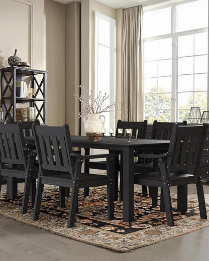 YEFU HIPS Patio Table Set: 7 Piece Outdoor Table and Chairs Dining Furniture Set with Umbrella Hole - Black Modern Plastic Dining Sets 6 Person for Outside Deck with Metal Aluminum Frame