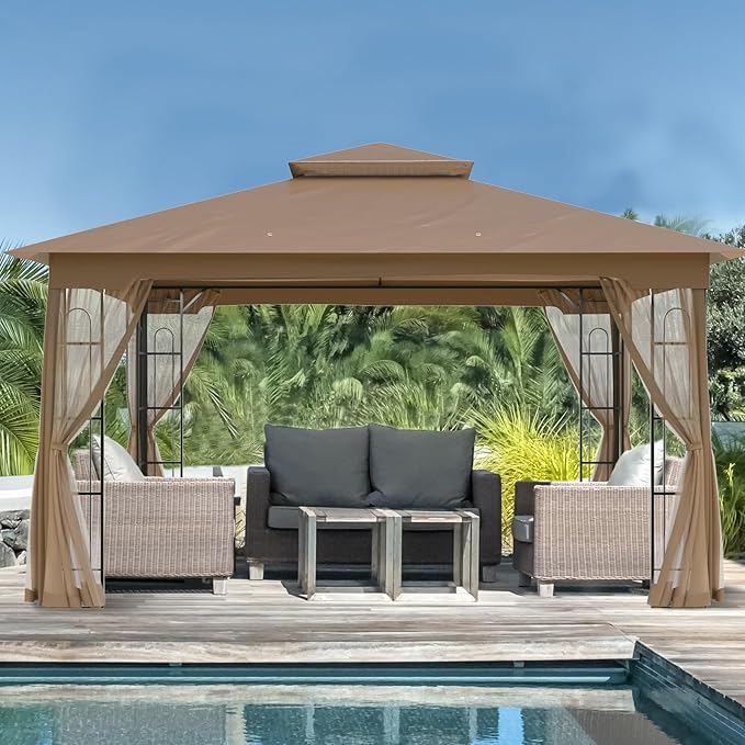 EAGLE PEAK Patio Gazebo with Mesh Netting 13x11 at Top 12x10 Footprint, Soft Top Outdoor Pavilion for Backyard, Deck, Lawn and Garden, Brown
