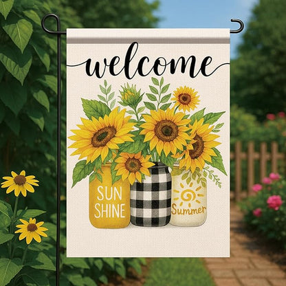Spring Summer Welcome Garden Flag Sunflower Floral Yard Banner 12x18 Inch Double Sided Outdoor Decoration for Porch Lawn Patio Entryway Rustic Country Farmhouse Seasonal Home