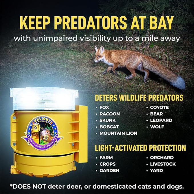 Foxlights Non-Solar Predator Deterrent Light – LED Night Guard Repeller for Chicken Coops, Poultry, Livestock, Gardens & Farms – Wildlife Control Against Foxes, Coyotes, Raccoons, Skunks & Bears