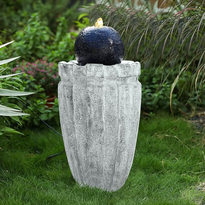 Modern Ball Fountains Outdoor Indoor Cast Stone Sphere Zen Fountain with LED Lights Round Water Features Decor for Garden Patio Living Room Office Black and White 25.6” High