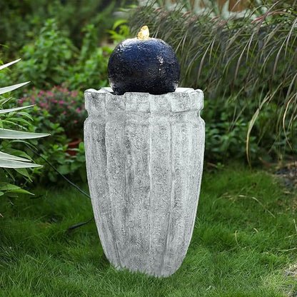 Modern Ball Fountains Outdoor Indoor Cast Stone Sphere Zen Fountain with LED Lights Round Water Features Decor for Garden Patio Living Room Office Black and White 25.6” High
