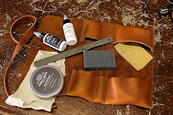 1844 Helko Werk Germany Deluxe Axe Care and Maintenance Kit - Axe Maintenance Tool Care, Sharpening Stone, Axe Wax, Leather Oil, Leather Paste, 4 Oz. AxeGuard (Deluxe Maintenance Kit) #F8790-3
