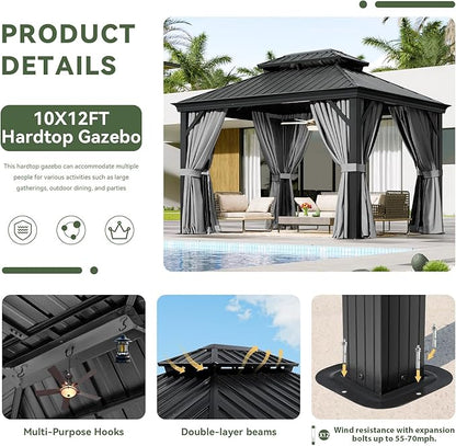 Aoxun 10' X 12' Hardtop Gazebo with Drainage System, Aluminum Outdoor Gazebo with Galvanized Steel Double Roof, Patio Permanent Metal Pavilion and LED Waterproof Hanging Lights, Easy Assemble
