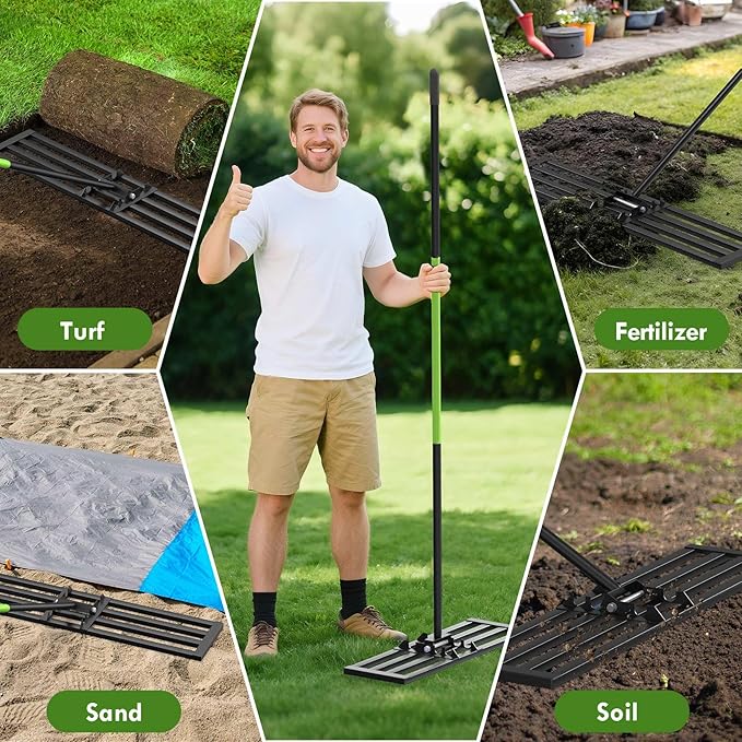 Seeutek Lawn Leveling Rake, 45” x 10” Lawn Leveler with 6.5FT Stainless Steel Handle Rakes for Lawns, 0-180° Adjustable Ground Leveler Tool for Yard, Level Soil Sand Dirt Surfaces
