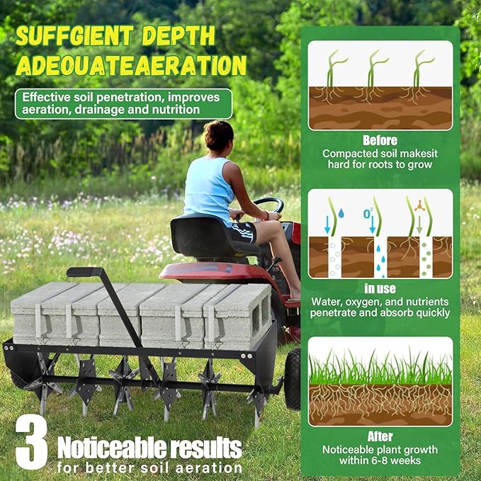 Doniks 48-Inch Tow Behind Lawn Plug Aerator with Universal Hitch, Lawn Aerator Tow Behind with 30 Galvanised Steel Tines,Tray and Inflatable Wheels for Gardens, Lawns, Farms