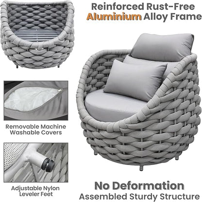 6 PCS Patio Deck Accent Chair: Large Woven Rope Chair Cushioned - Aluminum Modern Single Lounge Armchair Assembled - All Weather Outdoor Seating for 400lbs Lanai Balcony Porch Garden Hotel, Gray