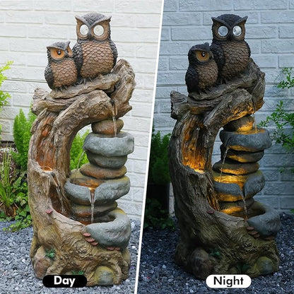 34.3''H Outdoor Water Fountain Owl Tree Stump, 4 - Tier Cascading Waterfall Garden Fountains with LED Lights & Pump Water Feature Resin for Patio, Deck, Yard, Home Decor