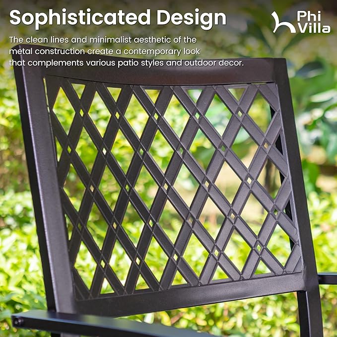 PHI VILLA 7 Pieces Outdoor Round Dining Set for 6, Wrought Iron Dining Table with Umbrella Hole & Stackable Metal Steel Chairs, Modern Dining Furniture Set for Patio, Deck, Backard, Porch