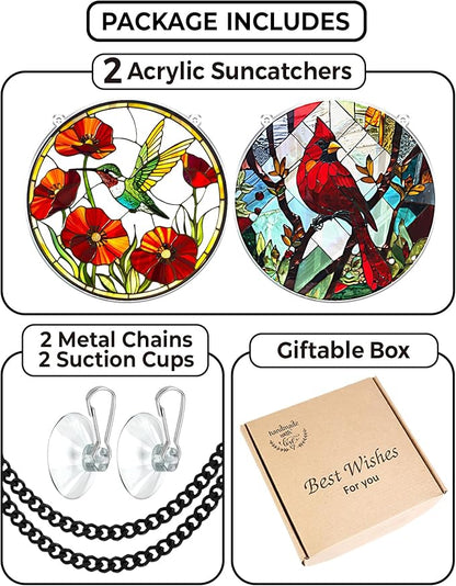 2 Hummingbird Cardinal Acrylic Suncatcher, Art Decor for Home, Suncatcher for Window Hanging, Indoor, Garden, Housewarming, Gift for Mom, Grandma, Women, Friend, Bird Lovers SCB-A6-B1