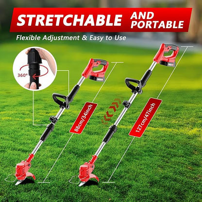 Electric Weed Wacker Cordless with Wheels,21V 2×2000mAh Weed Eater Battery Powered, 6-inch Cordless String Trimmer with 3 Types of Blades, Electric Grass Trimmer,Lawn Edger, Mower for Yard,Garden