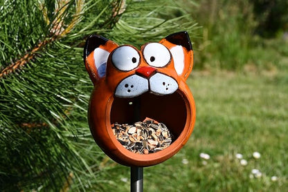 Ceramic Garden Decor - Cat Lawn stake - Bird Feeder - Outdoor statue - Perfect, unique gifts for gardeners woman, men - Handmade, Frostproof