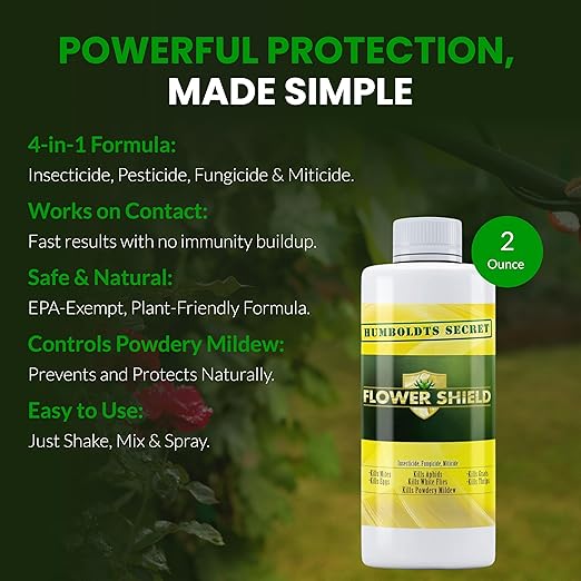 Humboldts Secret Flower Shield | Insecticide, Pesticide, Miticide, Fungicide | Bug Spray for Plants | Spider Mite & Powdery Mildew Control | Indoor & Outdoor | Houseplant & Garden | 2 Ounce