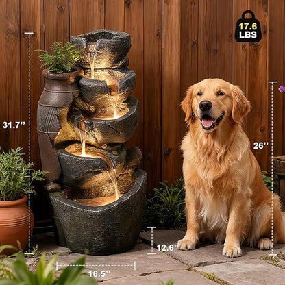 5-Tiers Cascading Rock Jar Water Fountain Outdoor, 31.7" H Outside Fountains and Waterfalls with 4 LED Lights for Patio, Deck, Porch, Backyard and Home Art Docor