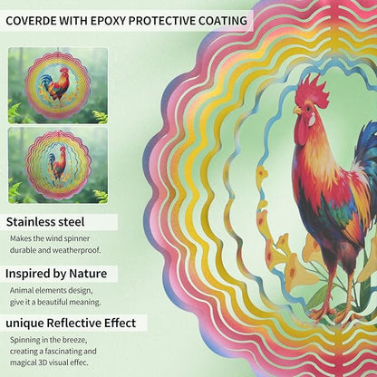 Wind Spinners Outdoor Chicken Decorations - Birthday Gifts for Women Mom Grandma, Rooster Deocr Hanging Wind Spinner 12 inch 3D Wind Sculptures for Garden Decor for Outside, Patio, Yard, Outdoor