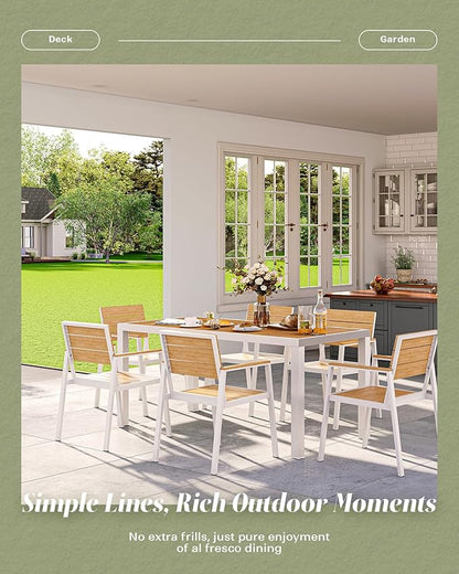 Outdoor Dining Set, Patio Table and Chairs of 4, Aluminum Outdoor Furniture Set with Umbrella Hole, HDPS Patio Dining Table Set for 4 (White-Teak)