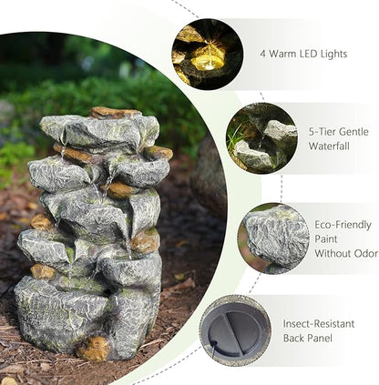 Solar Powered Water Fountain, 5 Tier Cascading Stone Design Feature Outdoor Fountains Waterfalls with Light, Pump Solar Panel for Patio, Deck, Porch, Backyard Home Decor,19.3" H