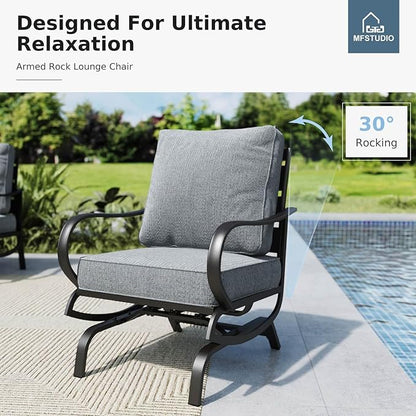 MFSTUDIO 8 Pieces Patio Furniture Sets with 45" Gas Fire Pit Table(Up to 9 Seat), Outdoor Metal Conversation Sofas with 1 x 3-Seat Sofa, 2 Single Chairs, 2 Rocking Chairs and 2 Ottoman, Grey Cushion