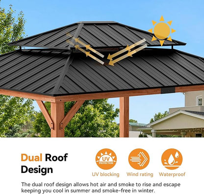 Modern Shade Rosewood Wood Gazebo 13' x 15', Cedar Framed Grill Gazebo with Double Galvanized Steel Roof, Mosquito Netting and Curtains, Permanent Hardtop with Sturdy Hooks for Garden, Backyard, Patio